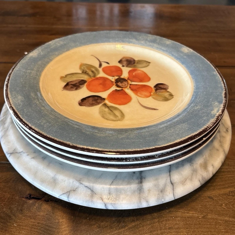 3pc VTG Y2K Pier 1 Italy Earthenware Sophie Blue Flower Dinner Plates 10.5"